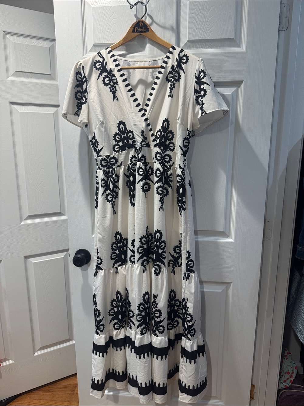 White and Black Embroidered Bohemian Neck Maxi Dress